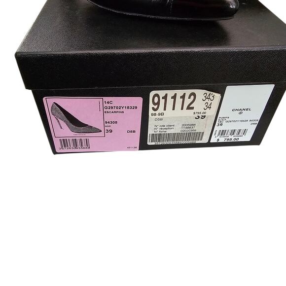 Chanel CC Patent Leather Pointed Cap Toe Pump Heel Size 39 US 8 8.5 Black Silver - Picture 12 of 13